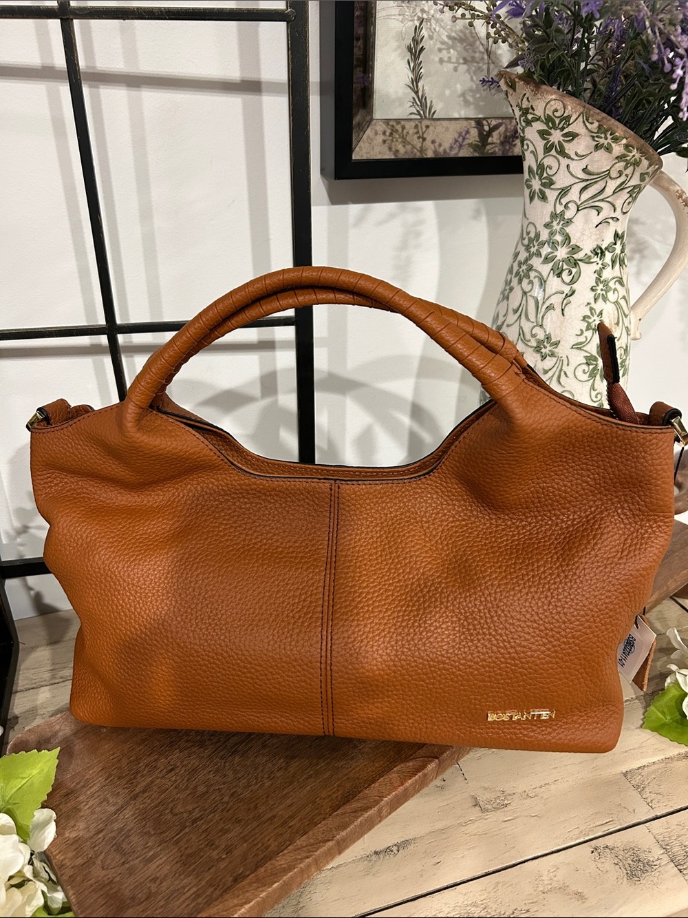Bostanten Cognac Pebbled Leather Shoulder Bag